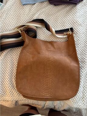 Faux Leather Hobo Crossbody Bag in Cognac with Striped Strap